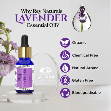 Rey Naturals Lavender Essential Oil For Skin, Hair Growth & Aromatherapy For Men & Women | Lavender Oil For Diffuser & Sleep | Pure Essential Oil For Hair fall Control - 15ml